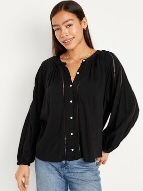 Old Navy Size S Black Long Sleeve Button Front Boho Ladder-Lace Poet Blouse